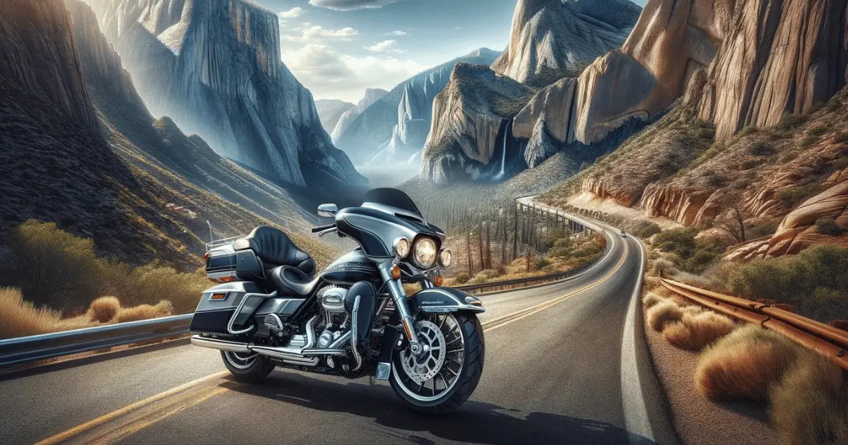 A Silver Harley Davidson Electra Glide parked diagonally on a canyon road with mountains in the background