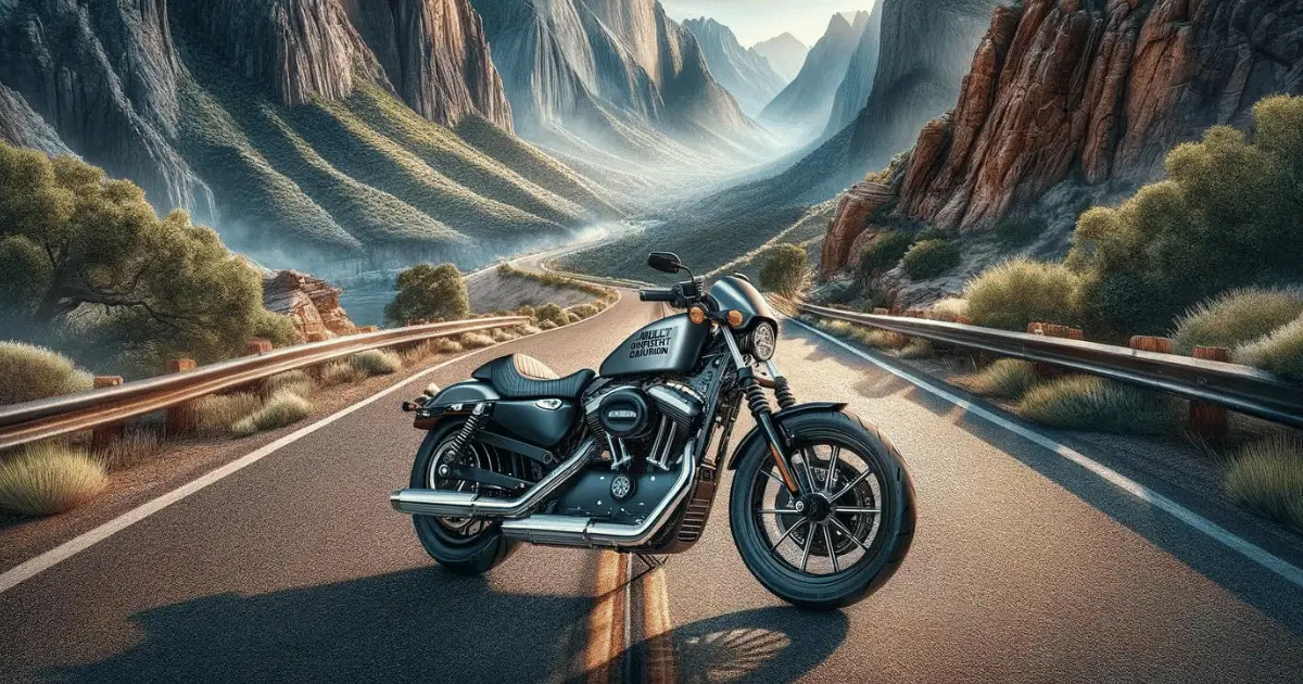 A Silver Harley Sportster on a canyon road with plains and mountains in the background