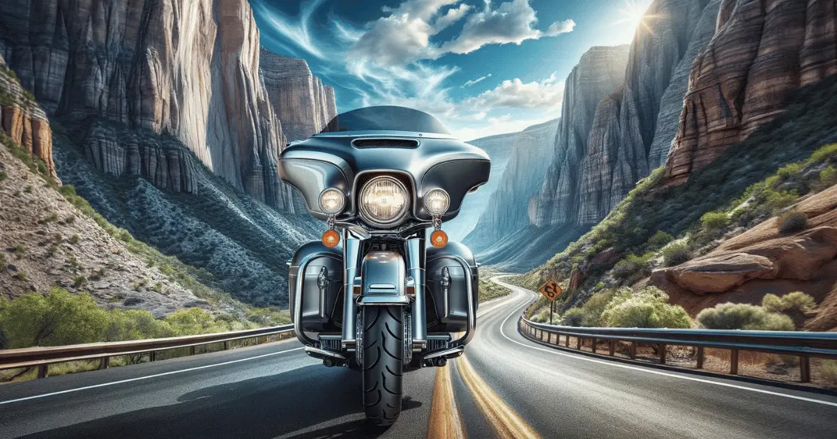 A Silver Road Glide from Harley Davidson, prior to the shark-nose model year, with canyons and mountains in the background