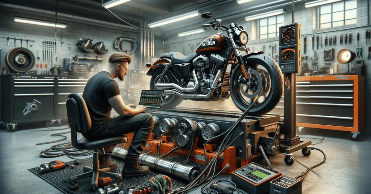Digitally created image of a technician tuning a Harley Davidson motorcycle on top of a dyno