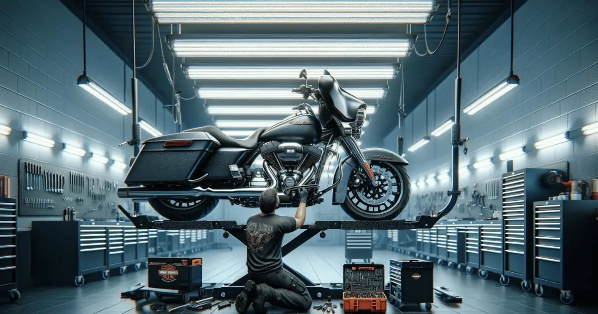 Digitally created image of a technician working on a Harley Davidson Road Glide CVO that is sitting on a motorcycle lift with tools scattered around