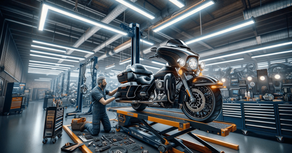 Digitally created image of a technician working on a Harley Davidson Ultra Limited that is sitting on a motorcycle lift