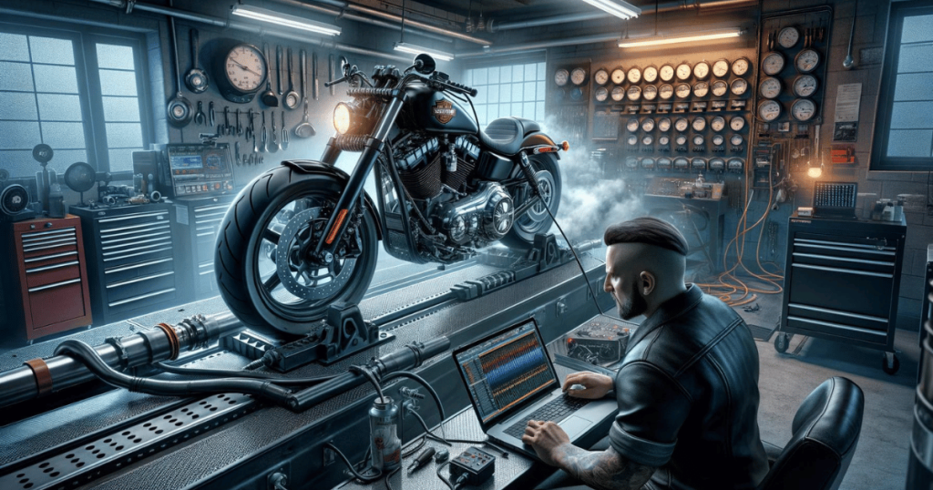 Digitally created image that is intended to depict a technician tuning a Harley Davidson with a Milwaukee 8 114 engine