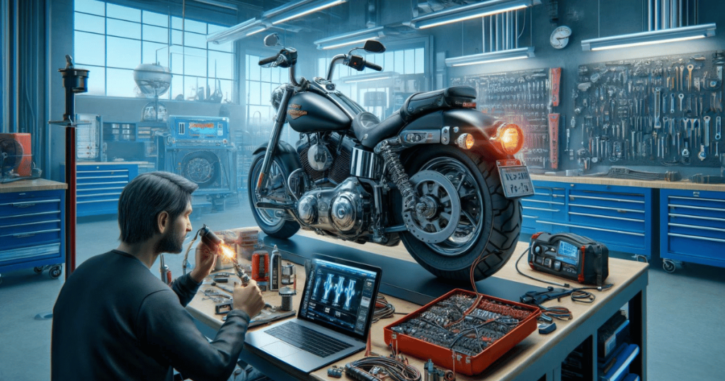 Digitally generated image depicting a technician diagnosing a no-start condition on a Harley Davidson that gets power but isnt starting
