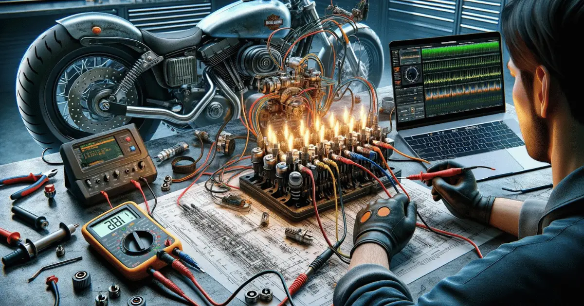 Digitally generated image depicting a technician using a multimeter to diagnose a no spark condition on a Harley Davidson motorcycle