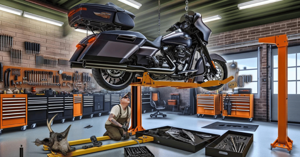 Digitally generated image of a Harley Davidson Street Glide, lifting up in the air with a multi-post lift, and a technician below it