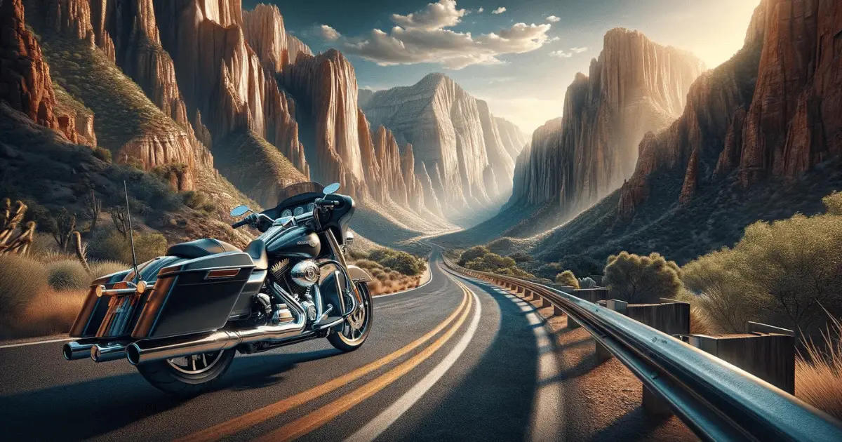 Digitally generated image of a Harley Davidson Street Glide riding away into the sunset with canyons and mountains in the background