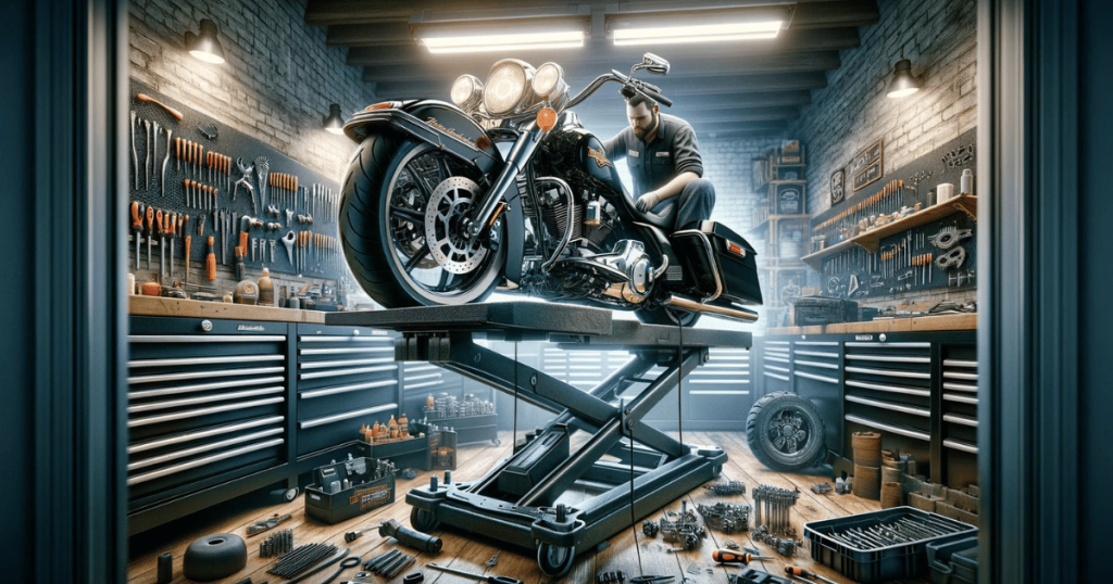 Digitally generated image of a technician working on a Road King from Harley Davidson, on top of a motorcycle lift with tools scattered about