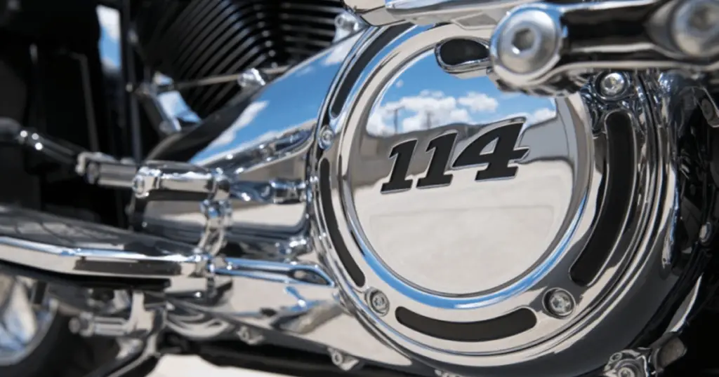 Close up image of the chrome side casings on a 114ci Harley Davidson Milwaukee Eight engine