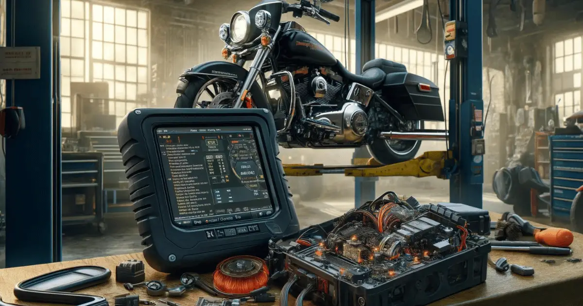 Digital image depicting a technician diagnosing ABS problems on a Harley Davidson
