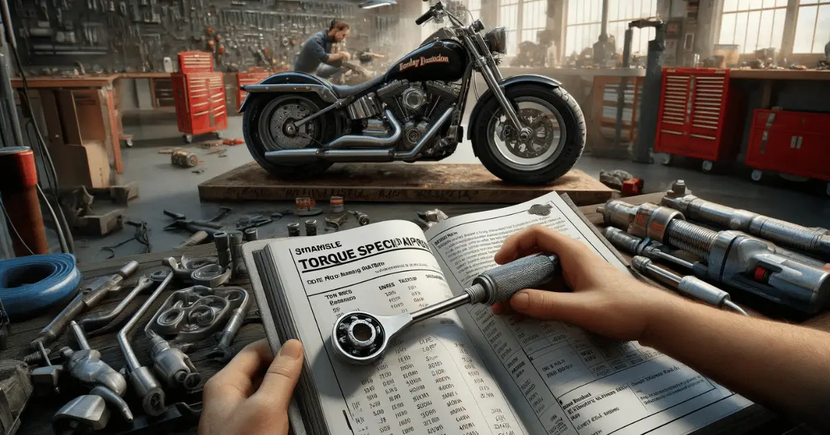 Digital image depicting a technician looking over a torque value booklet for Harley Davidson motorcycles