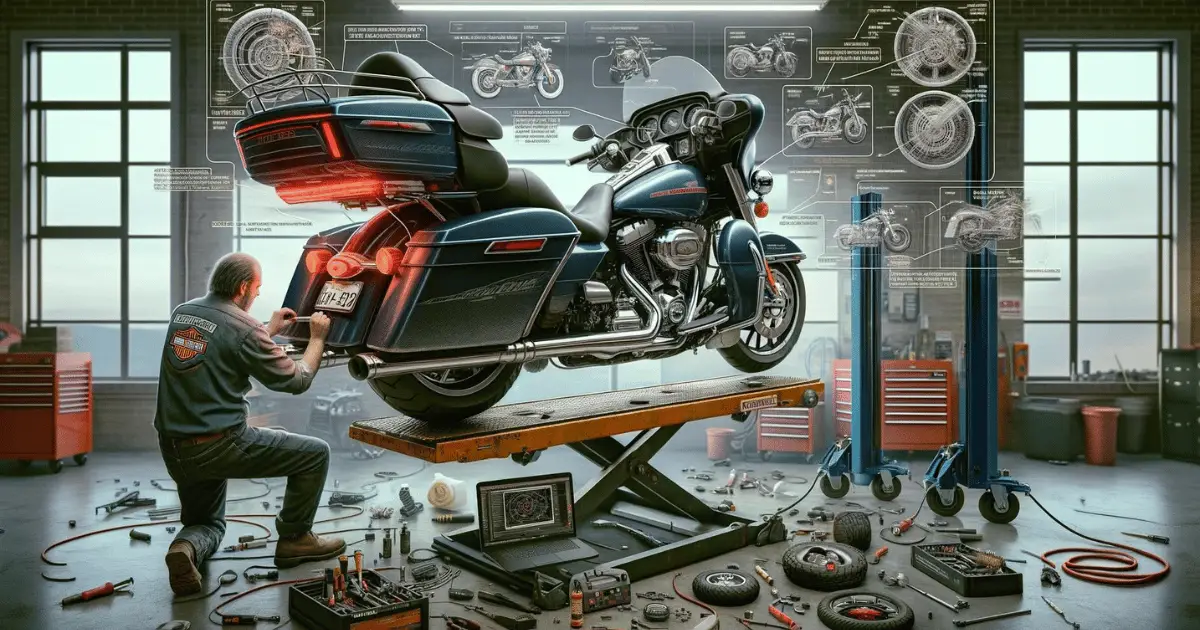 Digital image depicting a technician working on a Harley Davidson Tri Glide that is on a motorcycle lift