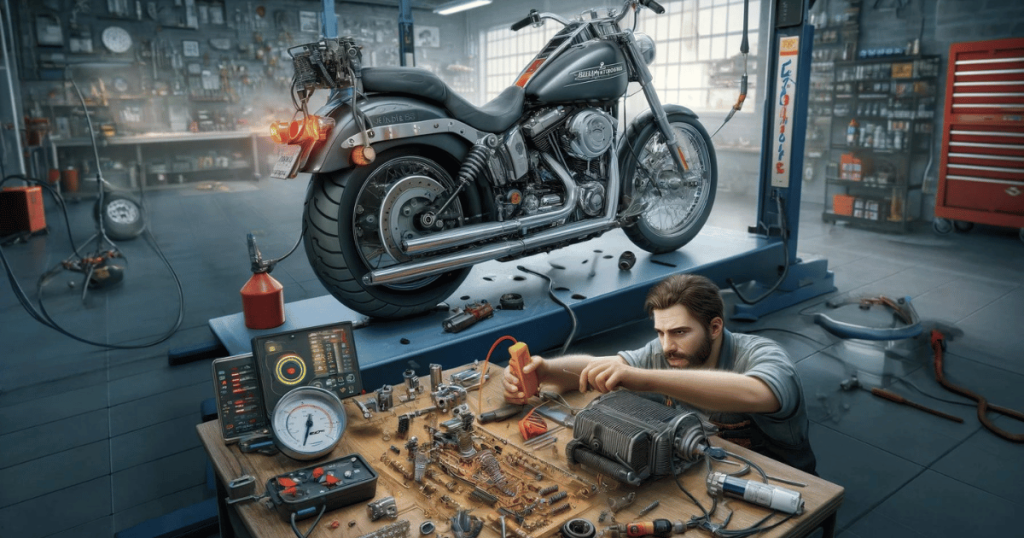 Digital image depicting a technician working on a faulty fuel pump removed from a Harley Davidson motorcycle