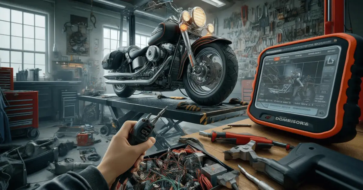 Digital image of a Harley Davidson strapped to a motorcycle lift, undergoing diagnostics for a clicking sound when trying to start