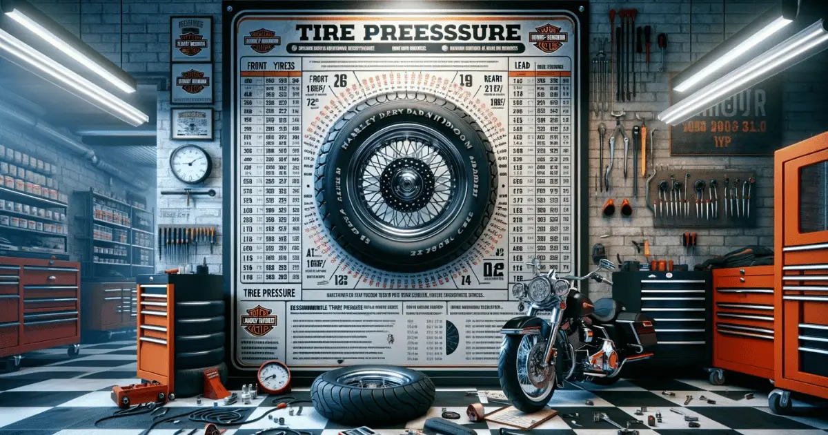 Digital image of a motorcycle in front of a wall-mounted chart that shows numerous harley davidson tire pressures
