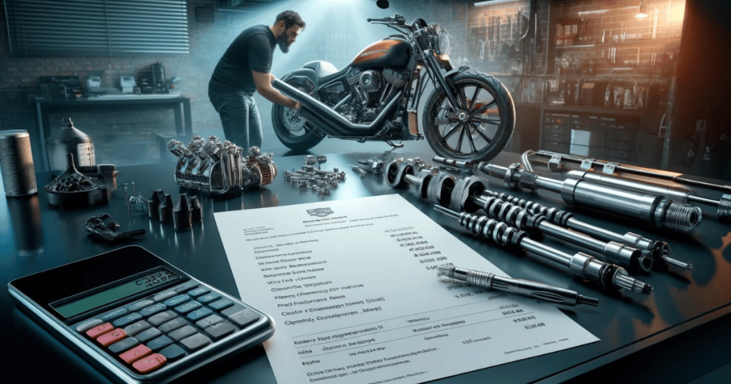 Digital image of the various Harley Stage 2 components scattered on a workbench with a motorcycle and technician in the background