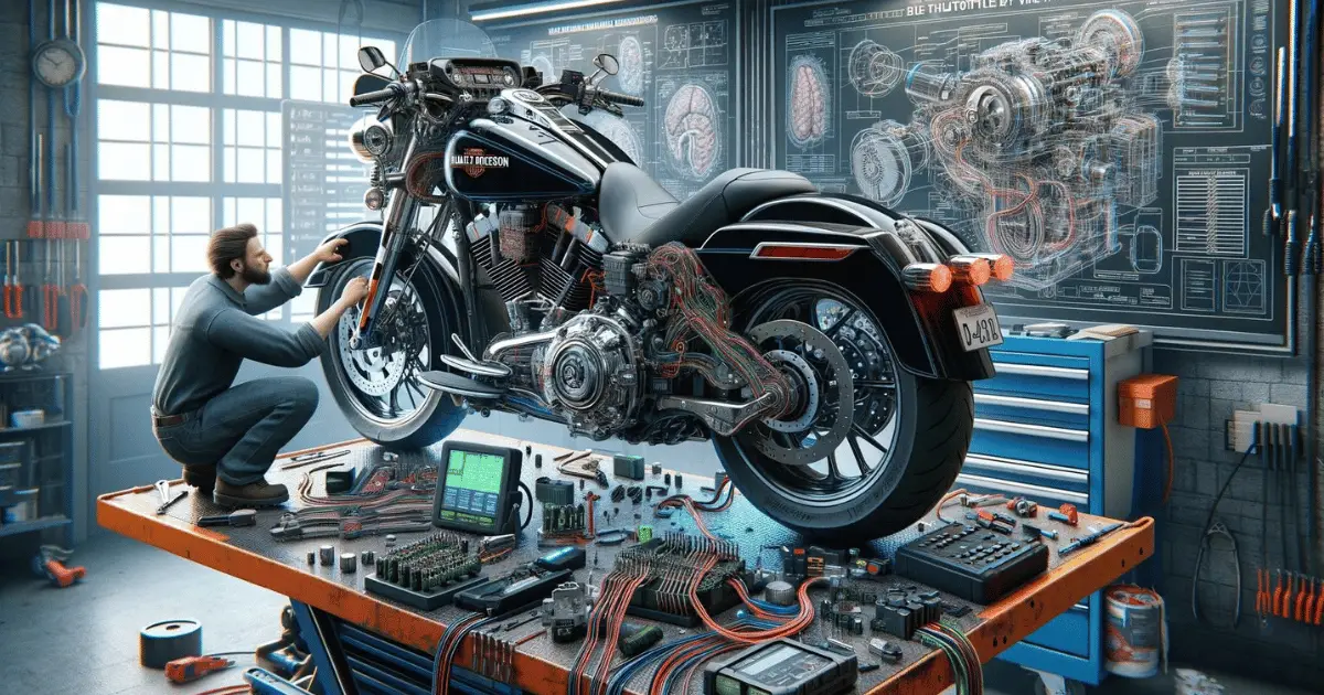 Digital image showing a technician diagnosing throttle by wire problems on a harley davidson motorcycle