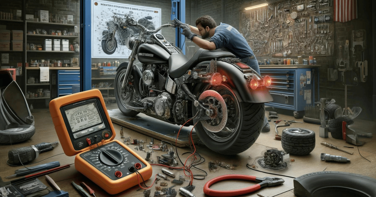 Digital image showing a technician using a multimeter to diagnose brake light switch problems on a Harley Davidson