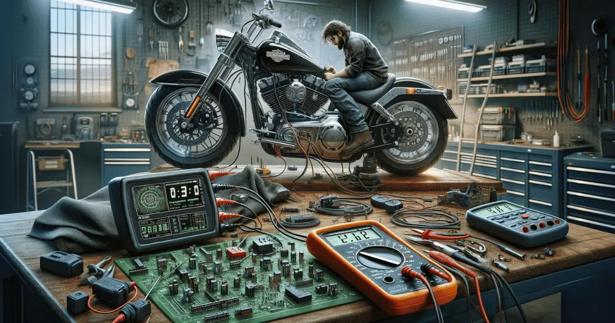Digital image that involves a technician using a multimeter to diagnose a harley davidson speedometer that is not working