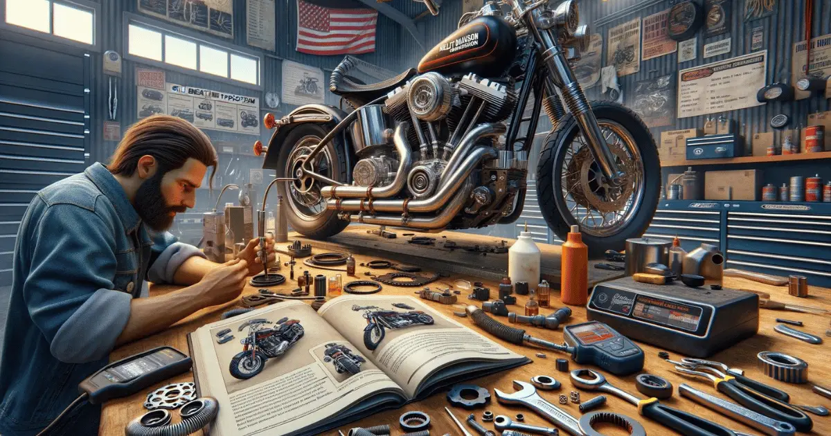 Digitally crafted image depicting a technician diagnosing oil breather problems commonly found in harley davidsons
