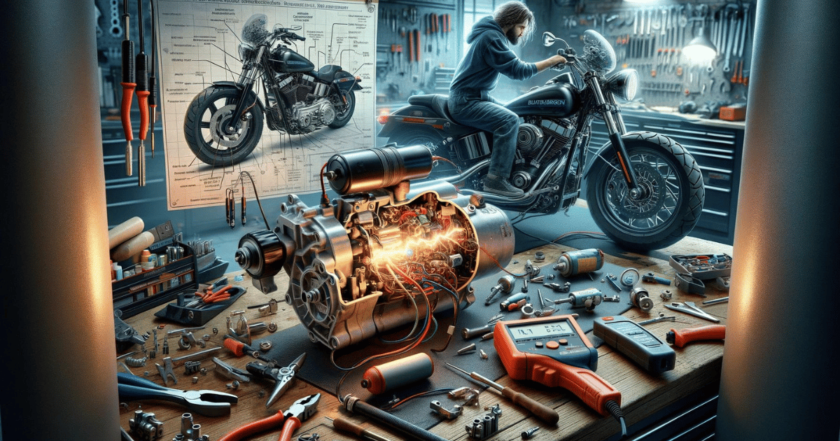 Digitally crafted image depicting a technician diagnosing starter problems on a harley davidson motorcycle