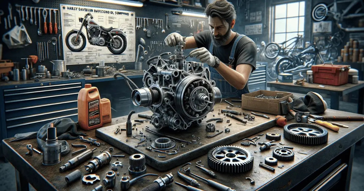 Image of a technician rebuilding a Harley Davidson's oil pump. This is commonly done to resolve oil sumping issues