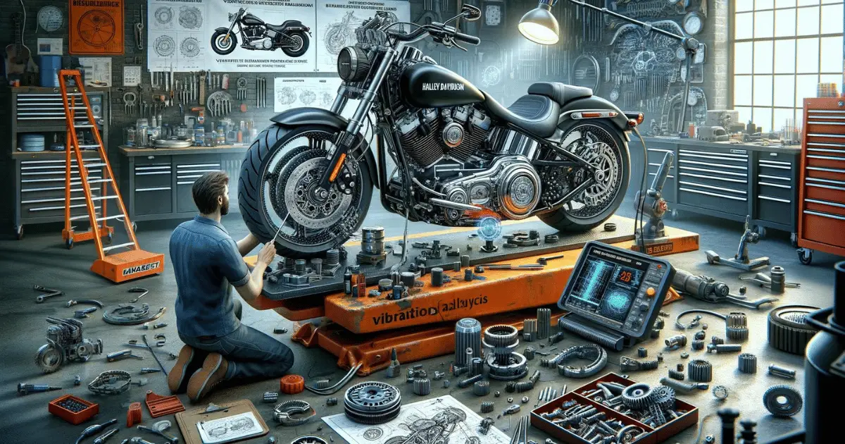 A technician diagnosing the front end of a harley davidson, a common cause of excessive vibration.