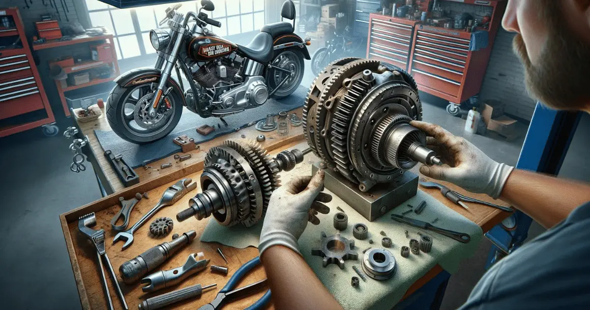 Digital image depicting a close up view of a harley davidsons compensator after being removed from the bike