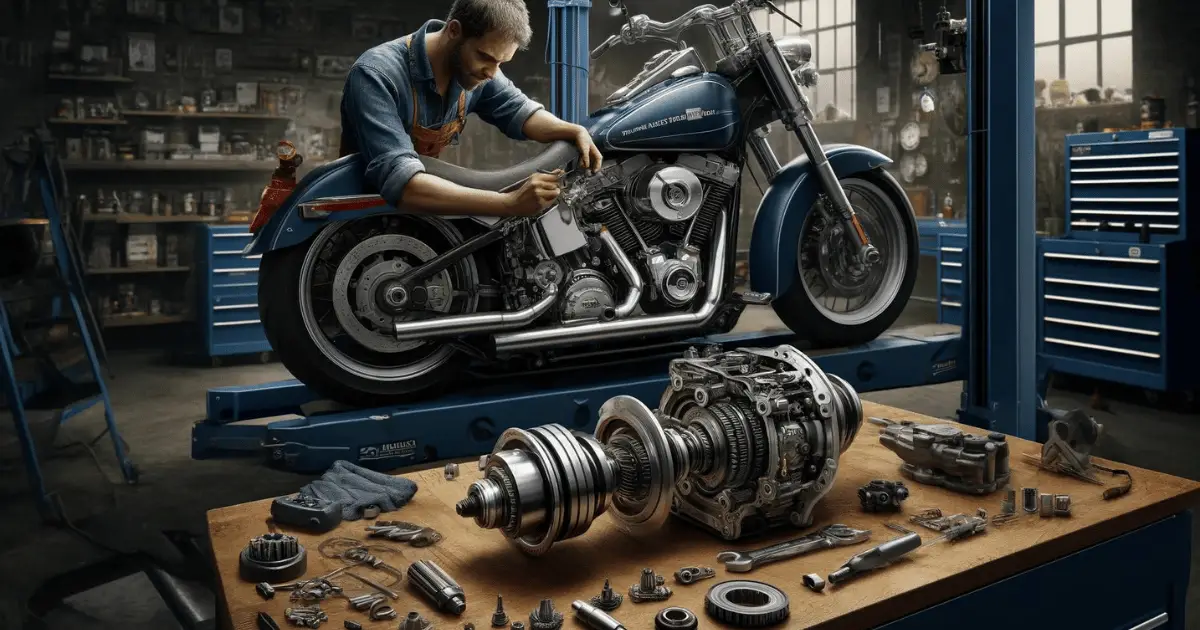 Digital image showing a harley davidson with its compensator removed to be replaced with an upgrade