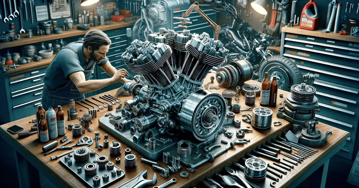Digital image showing a technician rebuilding a harley engine due to issues with the engine knocking