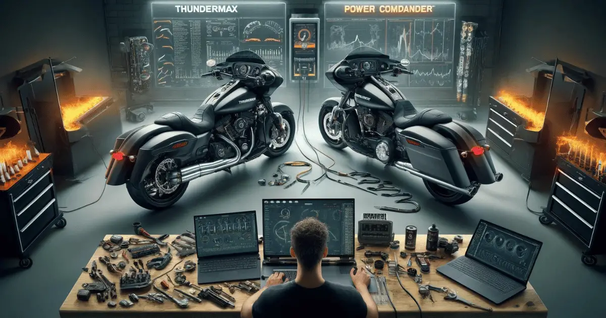 Digital image showing two harley davidsons being compared next to two tuners, the ThunderMax and Power Commander