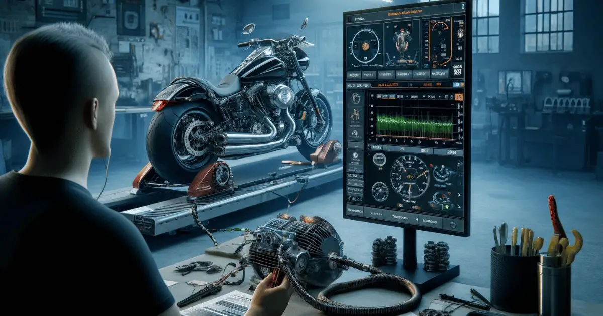 Digitally crafted image depicting a technician tuning a Harley Davidson with the Dynojet Power Vision 4 tuner