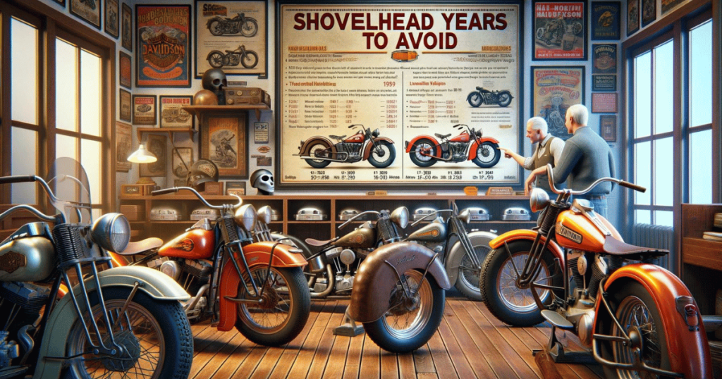 Digitally generated image highlighting multiple shovelhead motorcycles, in front of a banner that says "Shovelhead Years to Avoid"