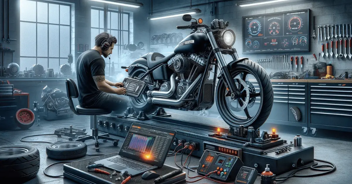 Image depicting a technician installing an aftermarket tuner on a Harley with a 103 engine