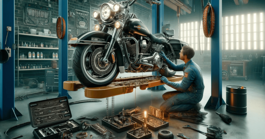 Technician diagnosing a leak on a harley davidson road king