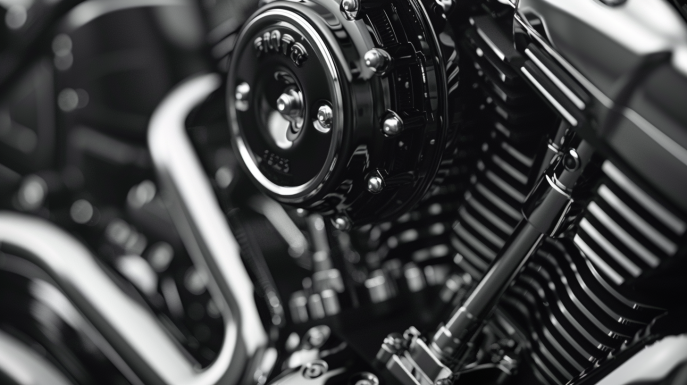 Close-up of a Harley-Davidson Switchback engine vibrating intensely, with blurred surroundings indicating motion, and bolts and screws appearing slightly loose.