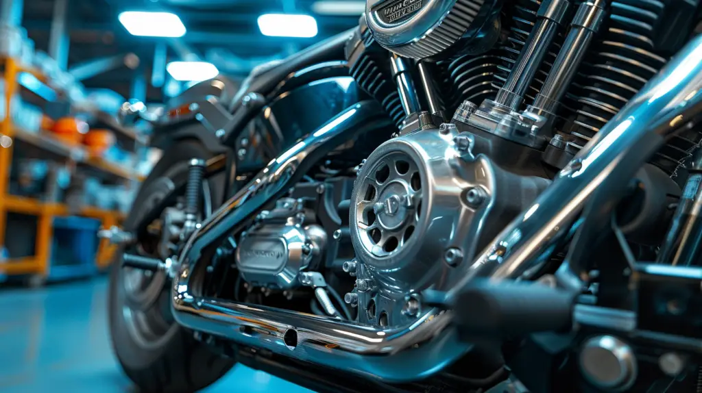 a dynamic motorcycle engine in a workshop setting, with gears and pistons highlighted, surrounded by performance charts and graphs. Emphasize the intricate details and power of the Twin Cam 96