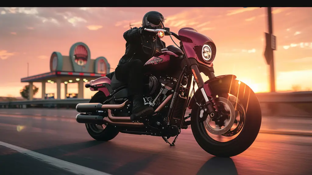 A Harley-Davidson Sport Glide motorcycle with a fuel gauge on low, a gas station in the background, and a rider looking concerned; the scene is set on a sunset-lit highway