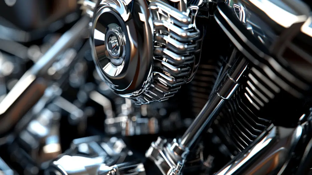 Close-up of a shiny Twin Cam 96 engine, chrome parts reflecting light, intricate details of pistons and cylinders, set against a clean, dark background to highlight the engineering precision and craftsmanship