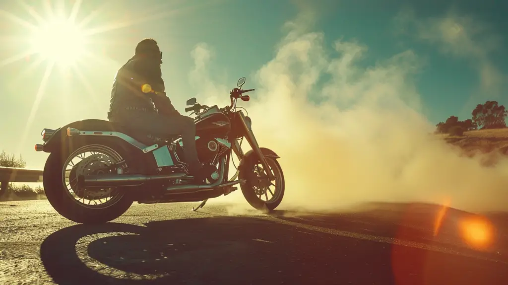 A Harley-Davidson Sport Glide parked on the roadside with steam rising from the engine, heat waves distorting the air, and a worried rider looking at the temperature gauge under a bright, hot sun