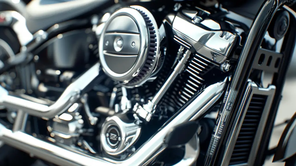 Close-up of a sleek Twin Cam 96 engine, showcasing polished chrome details, intricate components, and a powerful, rugged design. Background hints at a high-performance motorcycle, enhancing the engine's mechanical elegance and craftsmanship