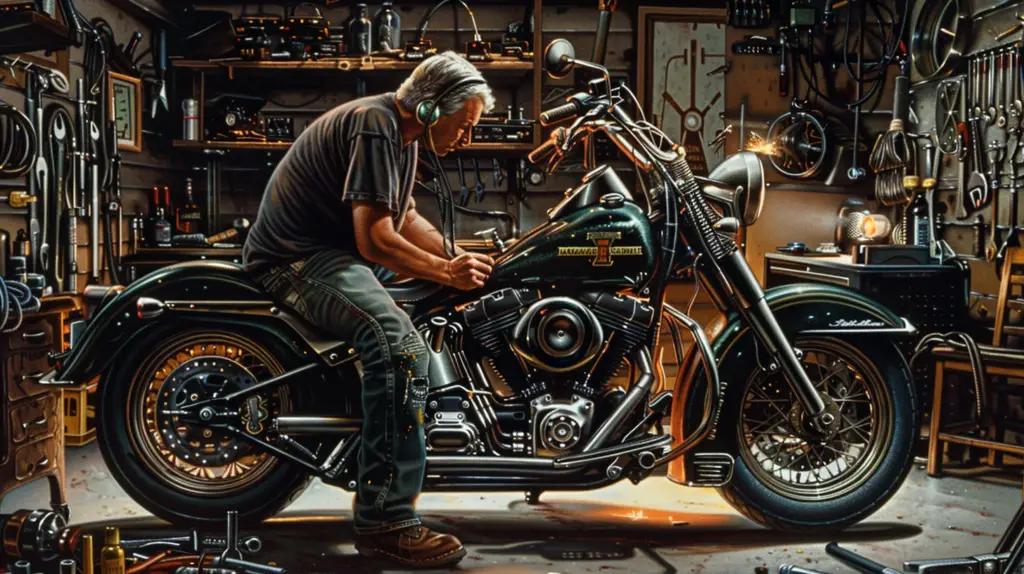 Harley-Davidson motorcycle with an exposed ECM unit under the seat, surrounded by tools and diagnostic equipment, set in a well-lit garage with a tech-savvy mechanic examining the wiring and connections.