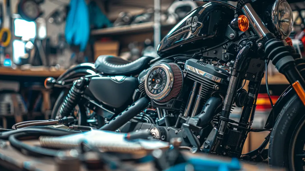 Close-up of a Harley-Davidson engine with the ECM unit highlighted, surrounded by diagnostic tools, wires, and an open motorcycle manual, all set in a well-lit garage environment