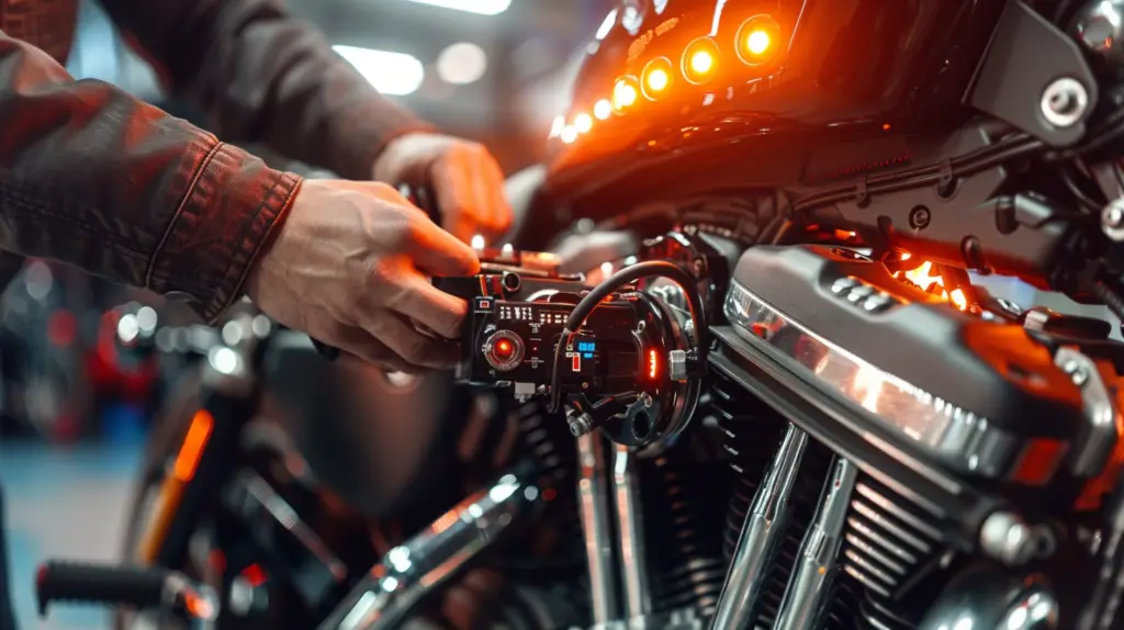 A close-up of a Harley-Davidson dashboard with warning lights illuminated, an open engine with exposed ECM components, and a mechanic's hands using diagnostic tools to inspect the electrical system.