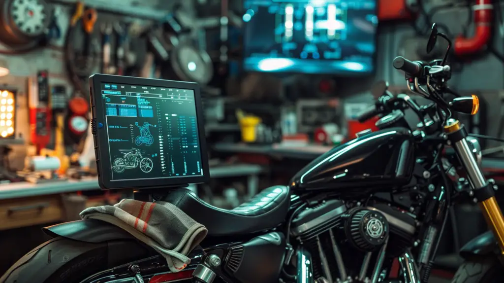 A Harley-Davidson motorcycle in a garage with diagnostic tools connected to the ECM, showcasing the screen displaying data and the mechanic's hands working with the tools