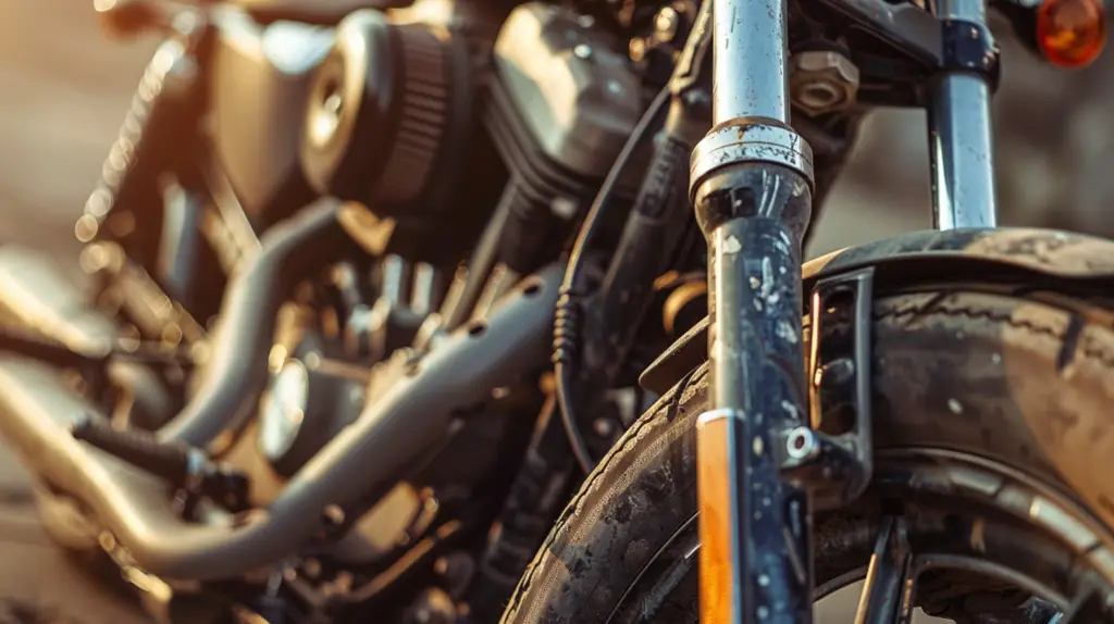 A close-up of a Harley-Davidson motorcycle front fork, showing misaligned tubes, with one tube slightly tilted, revealing wear and stress marks. Highlighting the mechanical components and the contrast between the misaligned and aligned parts.