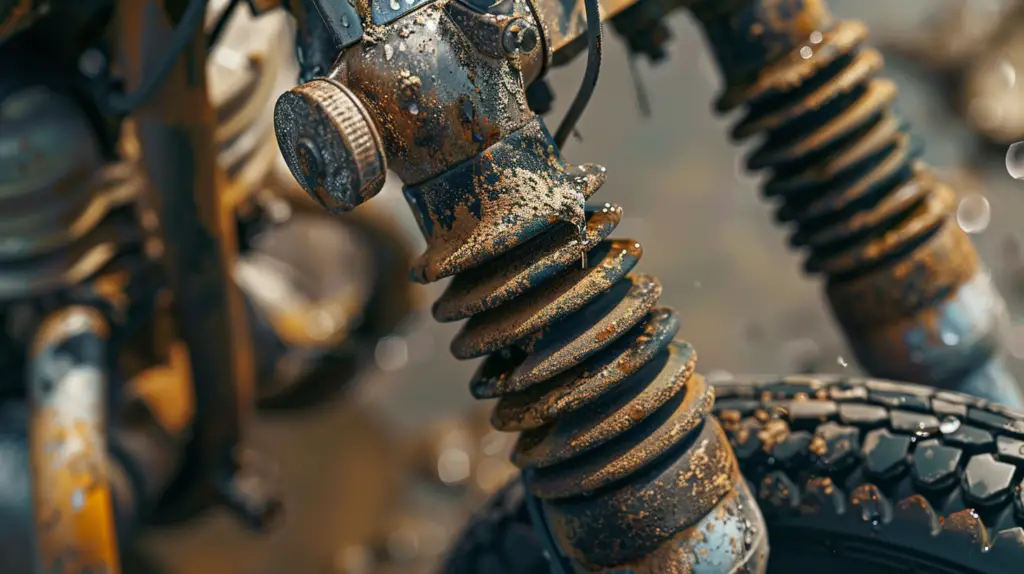 Close-up of a Harley-Davidson front fork with worn-out bushings, showing oil leakage, rust, and uneven fork alignment. Including detailed textures and highlights emphasizing damage and wear.