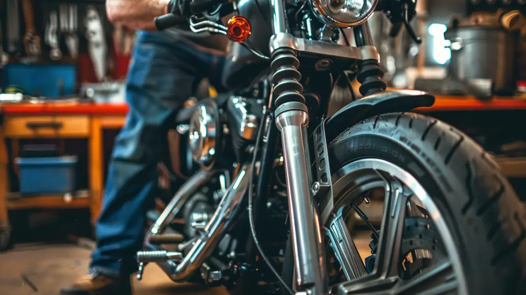 Close-up of a Harley-Davidson motorcycle's front forks, showing oil leakage around the seals, with a mechanic's hands working on the disassembled fork assembly, surrounded by tools and parts on a garage workbench.