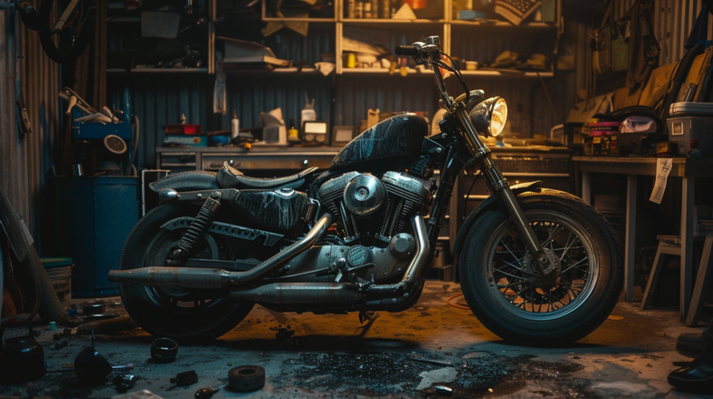 A Harley-Davidson Switchback motorcycle in a garage, with a mechanic inspecting the engine, oil leaks, and worn-out brake pads scattered on the floor. Dimly lit ambiance highlights the bike's age and wear