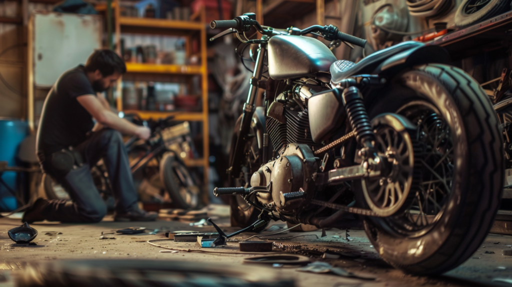 A Harley-Davidson Switchback motorcycle in a garage, with a mechanic inspecting the engine, oil leaks, and worn-out brake pads scattered on the floor. Dimly lit ambiance highlights the bike's age and wear.